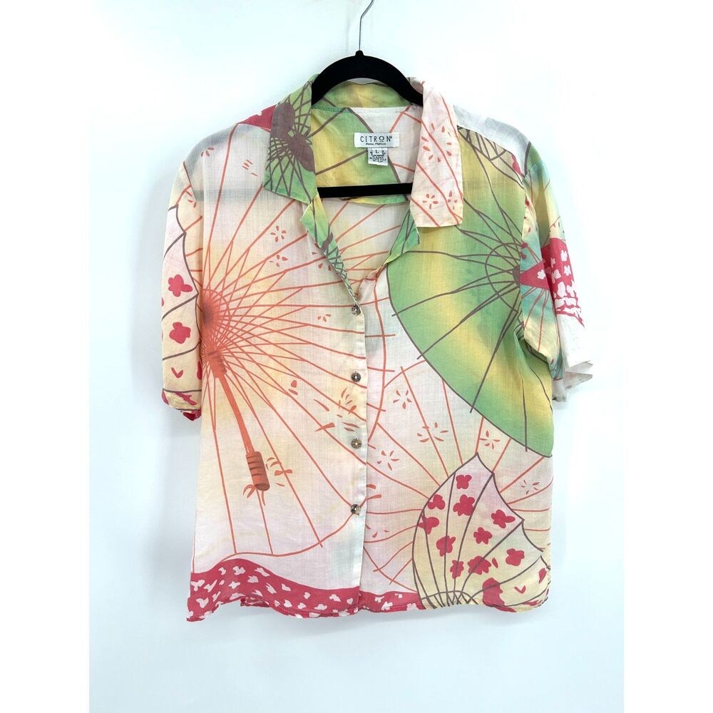 CITRON Santa Monica Parasol Umbrella Print 100% Linen Button Up Camp Shirt Large
